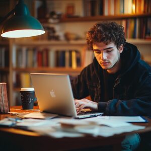 Male college student studying business statistics on laptop in cozy study room.