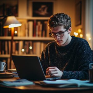 Young male college student studying with a laptop in a cozy, book-filled home study space at night.