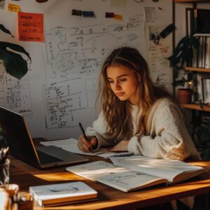 Young female student writing in a notebook surrounded by study materials and a laptop