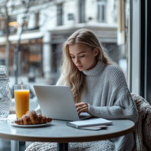 Blonde student in a sweater studying biostatistics at a cafe with a laptop and juice.