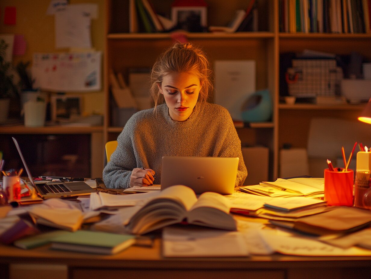 Young woman studying with laptops and open books on a cluttered desk in a warm-lit room