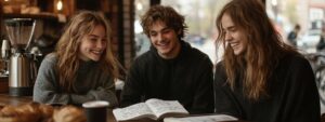 Three friends laughing while reviewing calculus notes at a café table.