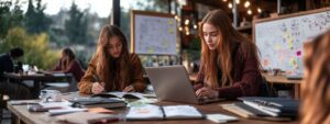 Two students collaborating outdoors on econometrics work at a modern study space