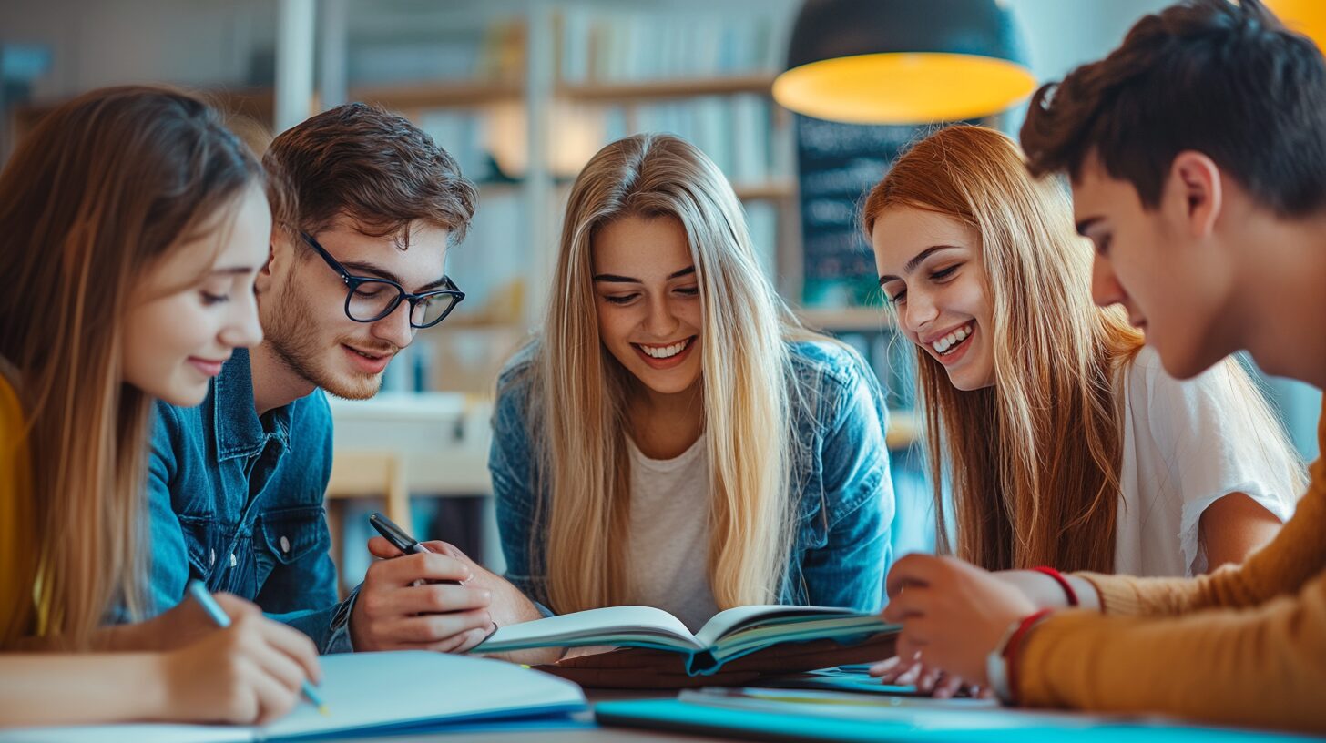 Group of college students studying together at a table with books and notes