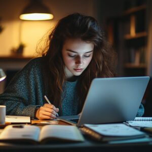 Young woman studying intensely at a desk with open books and laptop in dim lighting.