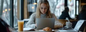 Young woman working intently on her laptop by the window
