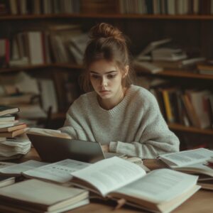 Student using a laptop in a library, surrounded by medical textbooks.
