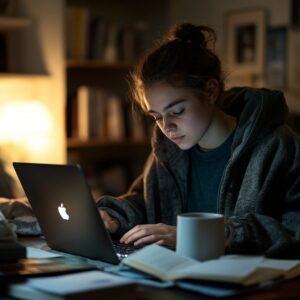 Female student in hoodie working late on a laptop with books and a mug beside her