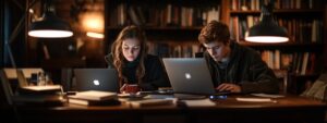 Male and female college students using laptops in library for Business Statistics work.