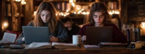 Two students focused on laptops with heavy books around them in a dimly-lit room
