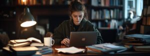 Focused student studying with a laptop and notes in a dimly lit academic library.