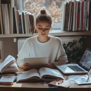 Focused student studying econometrics with a tablet and books spread across the desk