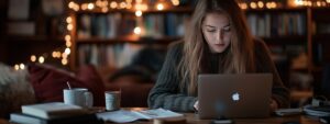 College student studying microeconomics at night with festive lights in background