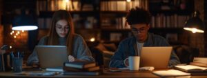 Two college students studying at night under warm desk lights with laptops and books