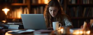 Girl with long hair focused on laptop in warm-lit study room