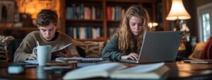 Two students studying together at a wooden table with laptops, notebooks, and a warm indoor lamp-lit background.