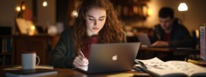 Focused student writing notes for her microeconomics exam on a laptop