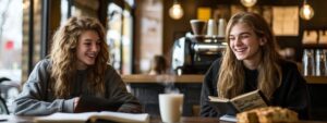 Two girls laughing while reviewing notes over coffee