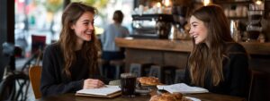 Two friends smiling while studying together at a coffee shop with notebooks and pastries.