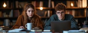 Two college students studying for accounting in a warmly lit library
