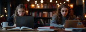 Two young women intensely focused on laptops and books in a library.