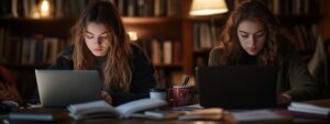 Two students in a cozy library setting with laptops and textbooks under warm lights.