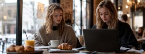 Two students reviewing material on a laptop at a cafe with coffee and croissants