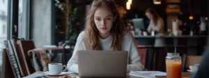 Young woman working at her laptop in a trendy coffee shop with books and juice nearby.
