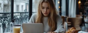 Student working solo on macroeconomics homework with a croissant and laptop