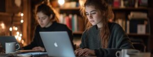 Two young women studying on laptops at night with warm lighting