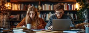 Two students focused on study materials and laptops in a cozy library.