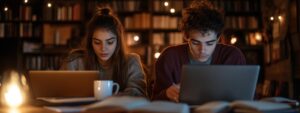 Two students studying together under cozy library lights