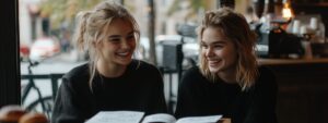 Two college students laughing over study notes at a café
