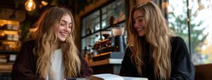 Two girls smiling while reviewing accounting material at a café