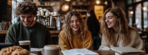 Three students laughing together at a café table