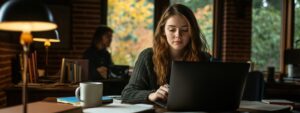 Female student working alone on a laptop in a library, concentrating.