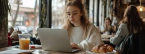 Female student reviewing biochemistry slides with coffee and juice at a café.