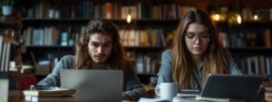 Male and female student working quietly in library on laptops
