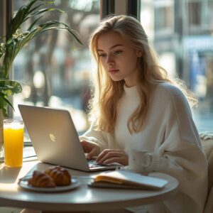 Young woman concentrating on laptop work beside a pastry and juice