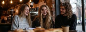 Students laughing at a café with notebooks and coffee around