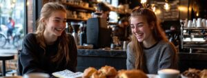 Two young women laughing together at coffee shop table