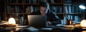 Male nursing student studying solo at night under soft lighting