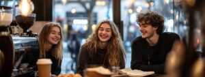 Group of students smiling and chatting in a coffee shop after exam prep.