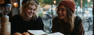 Two friends laughing at a coffee shop during a study break
