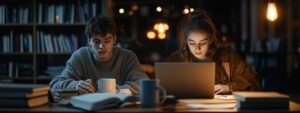Two students studying late at night in the library with books and laptops
