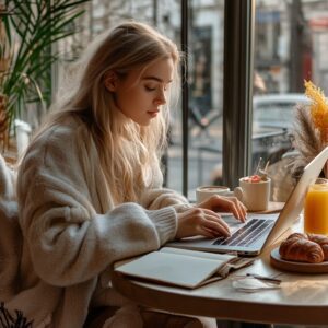 Blonde student in a sweater working on a laptop at a café with coffee and orange juice