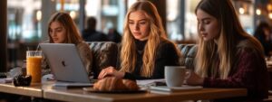 Student in red sweater reviewing material on laptop with croissants and coffee