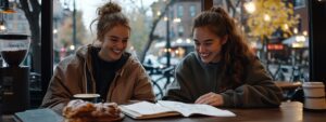 Group of female students reviewing notes together with breakfast drinks.
