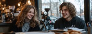 Two college students laughing over open notebooks in a café setting.