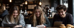 Group of students laughing while studying together in café